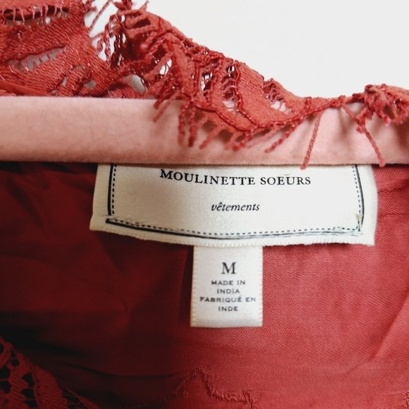 Anthropologie Moulinette Soeurs Coral Satin and Lace Bell Sleeve Blouse Medium - Picture 7 of 12